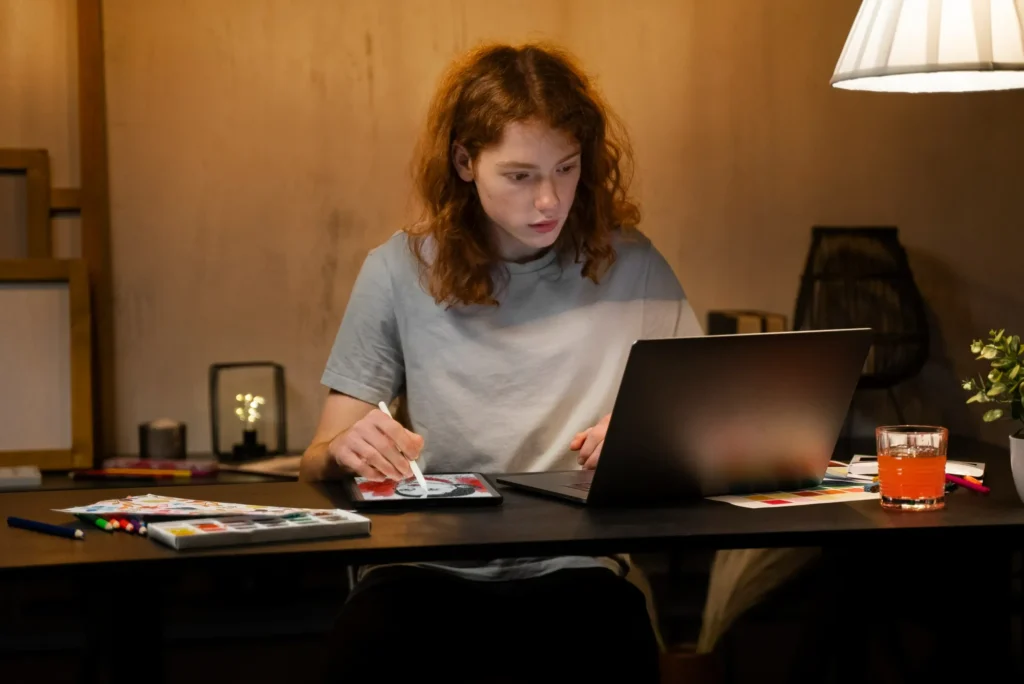 Editor reviewing content with SEO insights and keyword analysis on a laptop screen