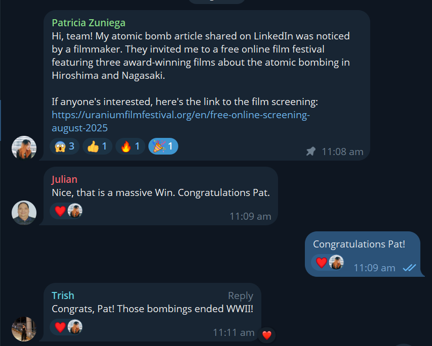 Urban Era Marketing team chat celebrating Patricia’s article recognition and film festival invitation, showcasing workplace achievements