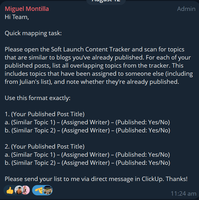 Screenshot of Miguel Montilla’s detailed instructions for mapping similar topics in the Soft Launch Content Tracker.