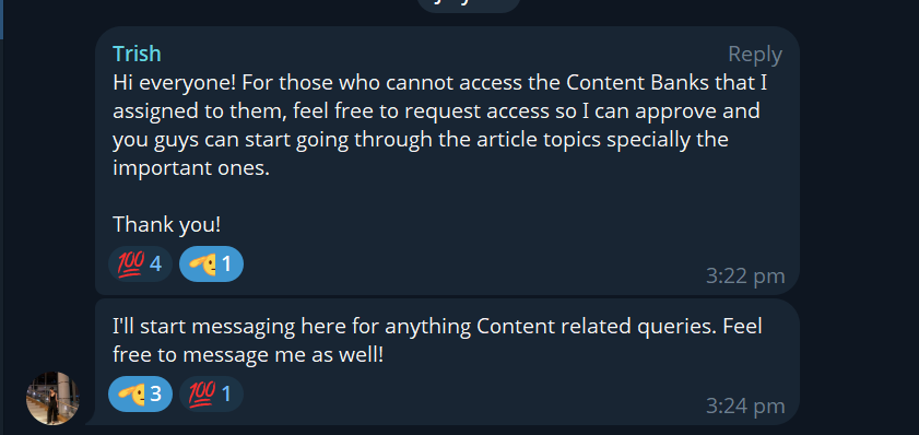 Screenshot of a team chat where Trish informs members about accessing content banks and encourages requests for approval.