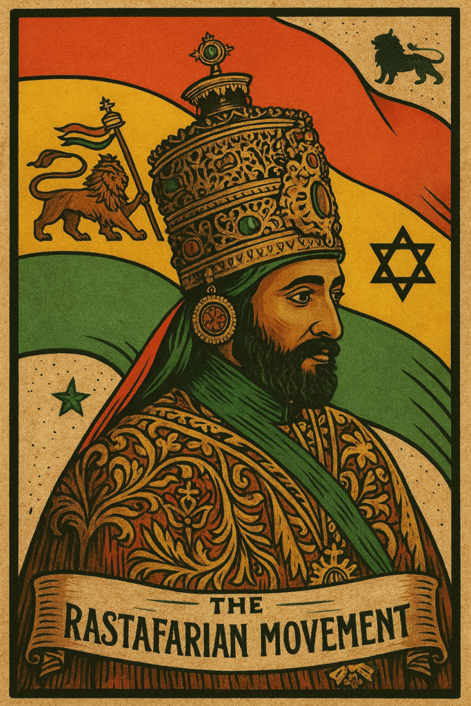 Emperor Haile Selassie I wearing his crown, surrounded by the Ethiopian flag, symbolizing his pivotal role as the spiritual figure behind the Rastafarian movement and the gift of Shashemene.