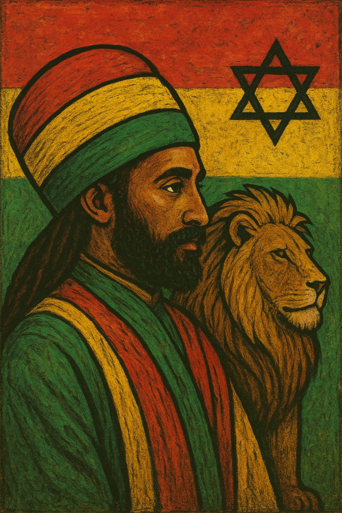 Shashemene Spiritual and Cultural Immersion : Rastafarian figure surrounded by the Ethiopian flag colors, symbolizing unity and spirituality, with a lion representing the legacy of Emperor Haile Selassie I