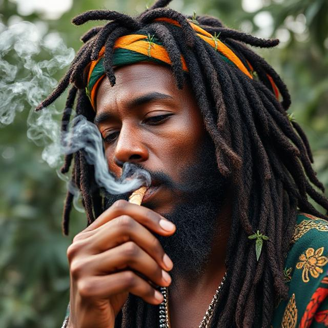 Rastafarian man smoking ganga, deeply immersed in the ritual, reflecting the cultural and spiritual lifestyle of the Rastafarian community.