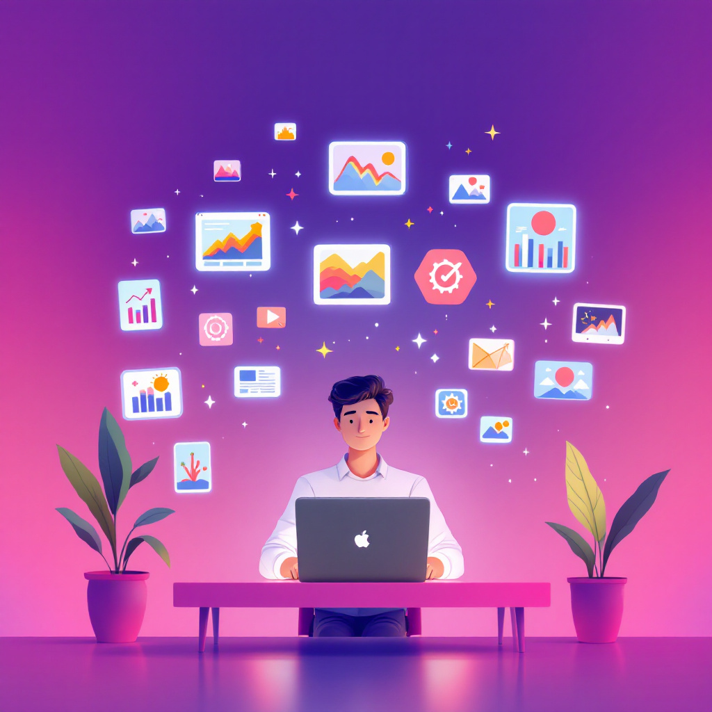 Vibrant digital illustration of a blogger at a laptop creating a blog post, surrounded by AI-generated images including photos, illustrations, and infographics, designed using Microsoft Bing Image Creator for blog graphics.