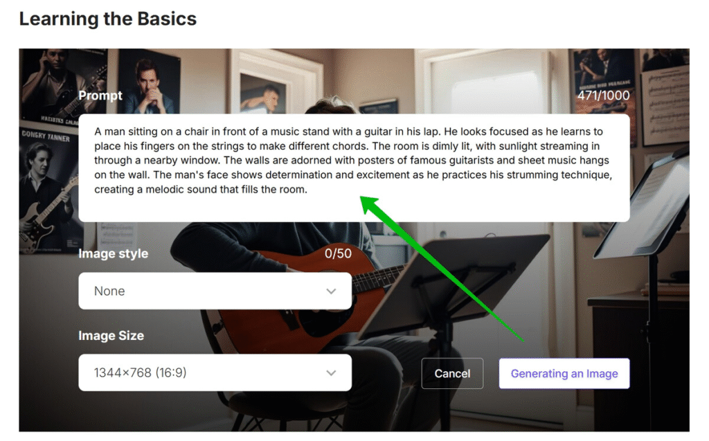 Screenshot showing a detailed AI image prompt for generating blog graphics using AI image generators for blog graphics, illustrating how precise instructions guide AI tools.