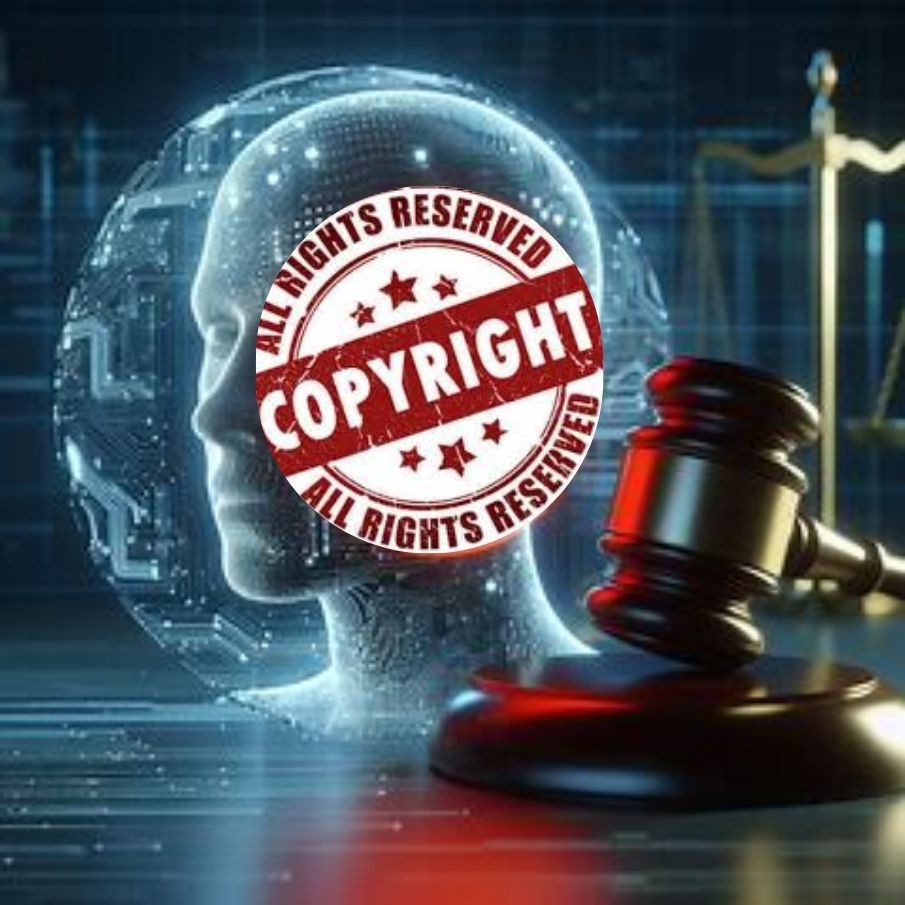 An AI-generated image with a red copyright symbol overlay and a judge's gavel next to it, representing copyright, licensing, and legal authority over AI image generators and AI creations.